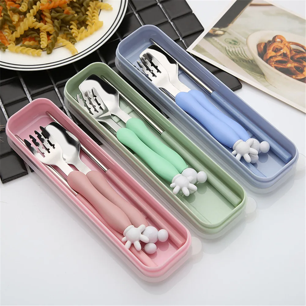 

Cute Cartoon 304 Stainless Steel Kids Tableware Set Fork Teaspoon Cutlery Children Mickey Minnie Dinnerware Sets With Box 3PCS