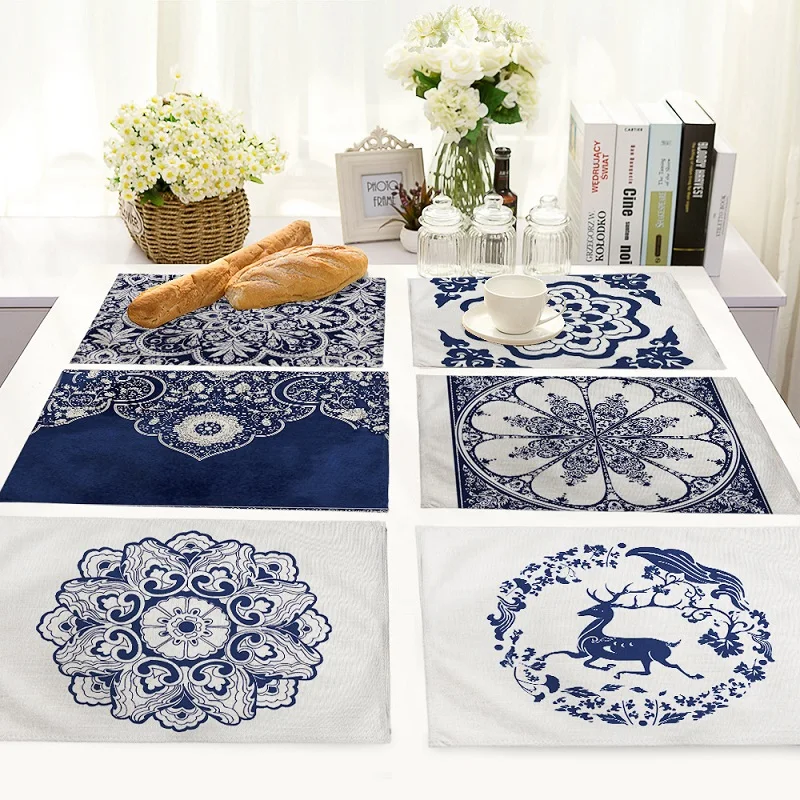 

Chinese Style Life 4 pieces Set Kitchen Table Mats Cotton Linen Table Napkin Porcelain Pattern Decorative Placemats