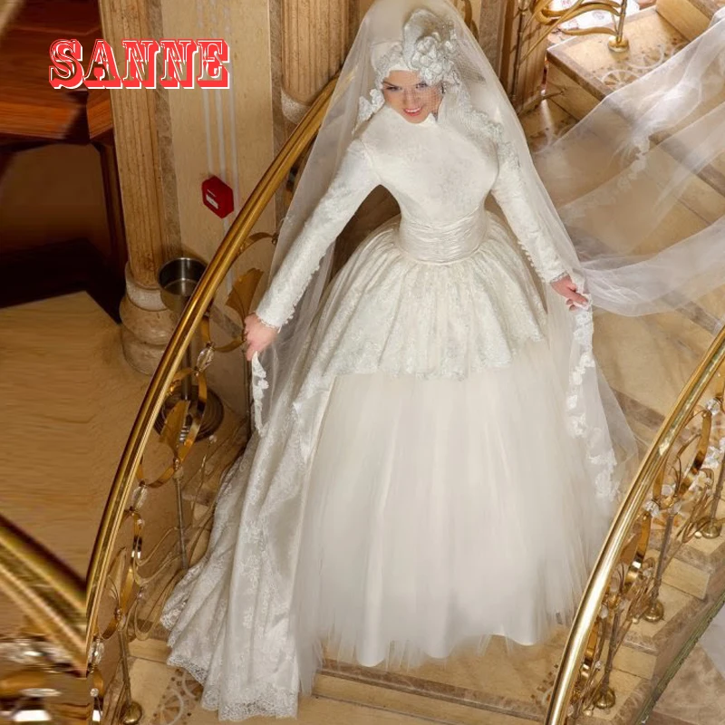 2016 High Neck Long Sleeve Muslim Wedding Dresses with font b Hijab b font High Neck