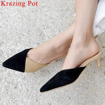 

Krazing Pot mixed colors natural leather thin med heels pointed toe women pumps slip on mules simple style wedding shoes L93