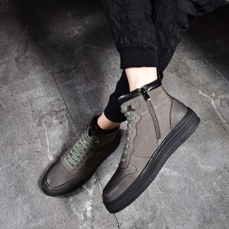 Glissière Khaki Véritable De Automne Bottines Cuir Courtes Haut À En dessus Vache Hautes Peau Chaussures Décontracté Bottes noir Hiver Acier Orteil ul3TF15KJc