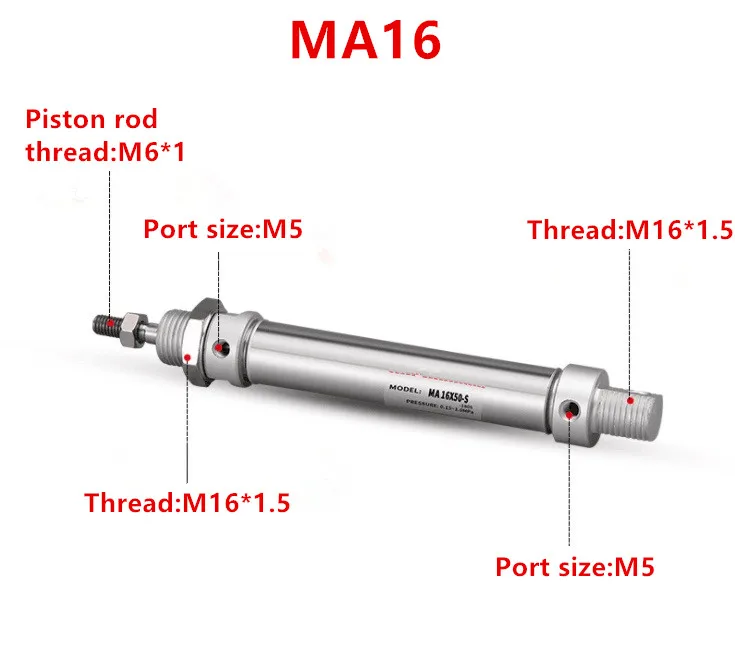 MA 16mm x 500mm Stainless Steel Mini Pneumatic Air Cylinder MA16x500 