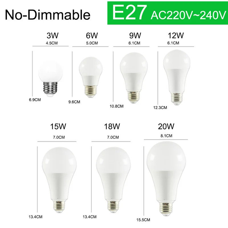 Светодиодный светильник E27 E14, светодиодный светильник с регулируемой яркостью, 220 В переменного тока, 240 в, 20 Вт, 18 Вт, 15 Вт, 12 Вт, 9 Вт, 5 Вт, 3 Вт, светодиодный светильник, алюминиевая настольная лампа, светильник - Испускаемый цвет: NoDimmable E27