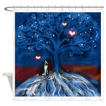 

Boston Terrier love night glowing hearts tree Show Decorative Fabric Shower Curtain Set House Doormats for Living Room