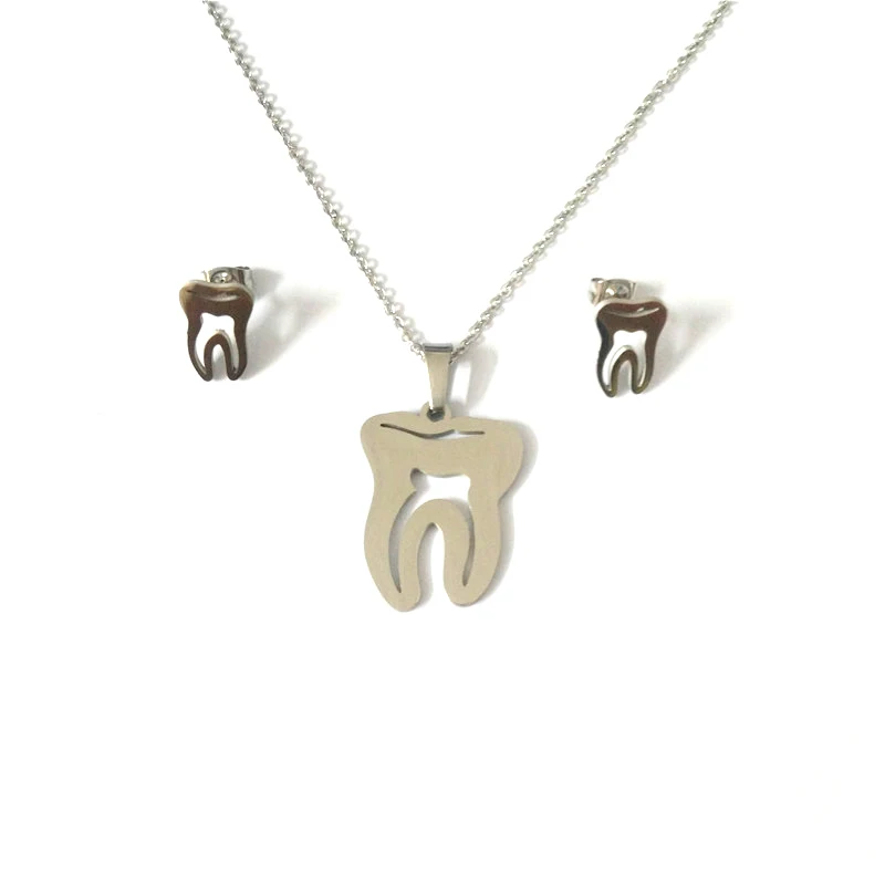 Ожерелье с подвеской в виде золотого зуба и серьги в виде зуба, колье из нержавеющей стали, ювелирный набор в подарок для дантиста - Окраска металла: Silver