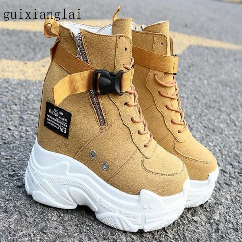 

Autumn winter Women Ankle Boots Platforms Shoes Woman 11CM High Heels Inside Height Increasing Faux Suede Boots Sneakers