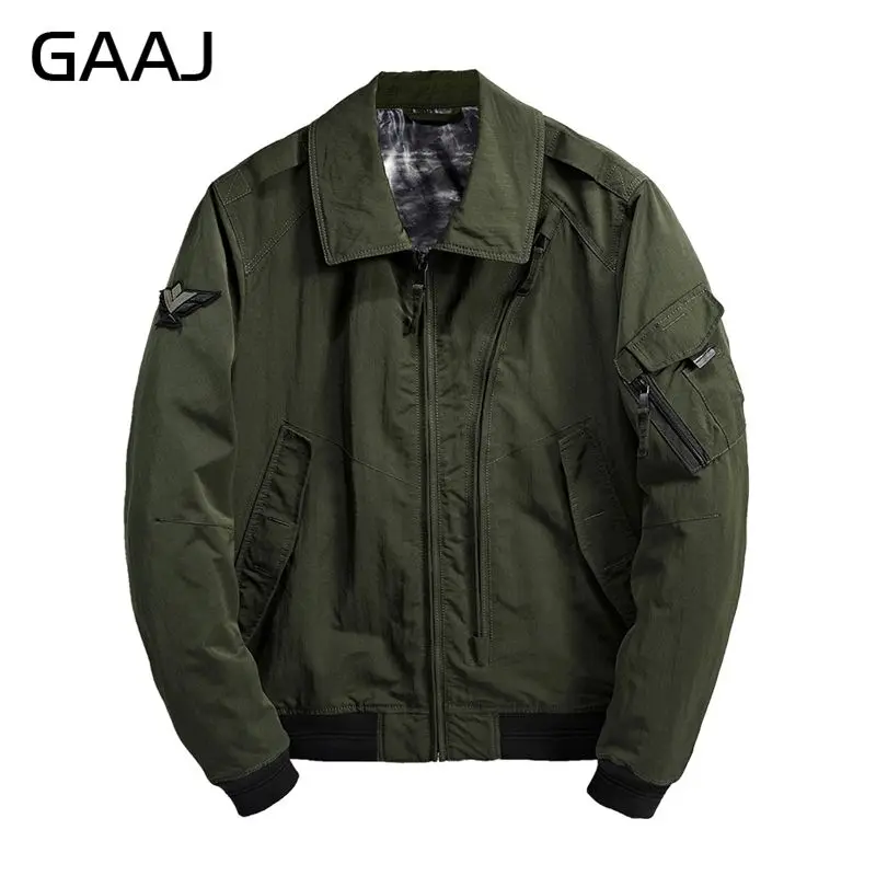

GAAJ Bomber Jacket Men Winter Fly Badge Turn-Down Collar Coat Zipper Pocket Black Grey Army Pilot Jackets Windbreaker #GAZ98