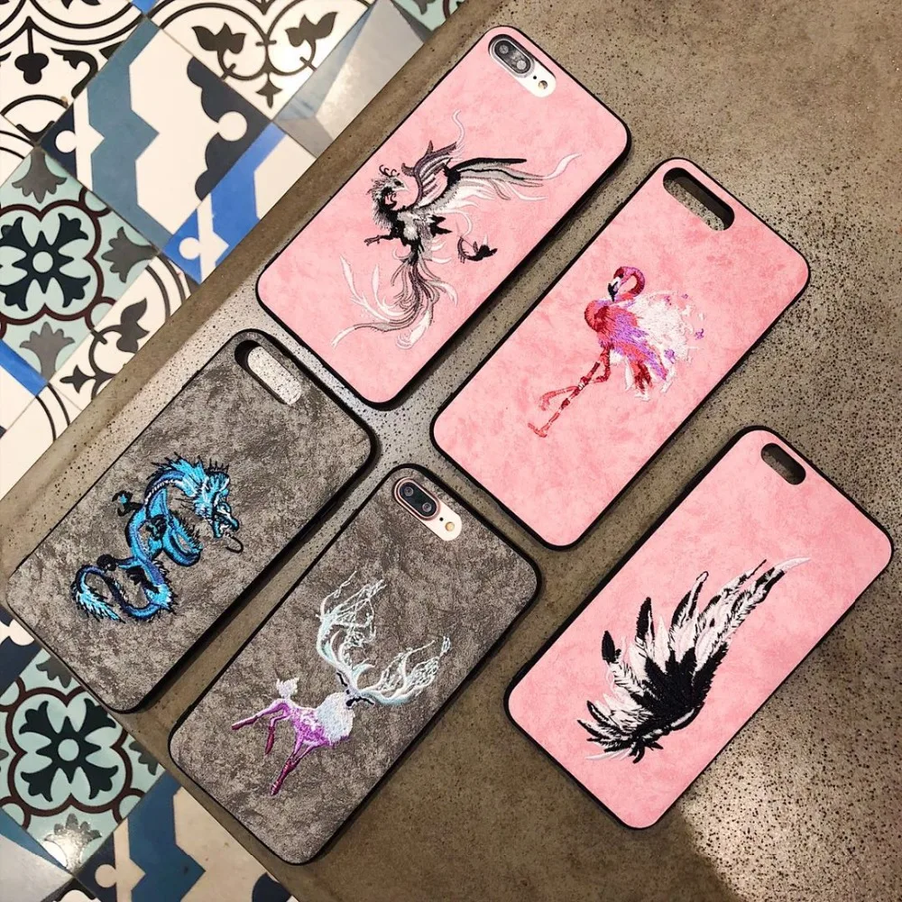 

Embroidery Case for iphone X Cover Capa Coque for iphone8 8 plus Flamingo Elf Deer Phoenix Dragon Case for iphone 7 6 plus Cover