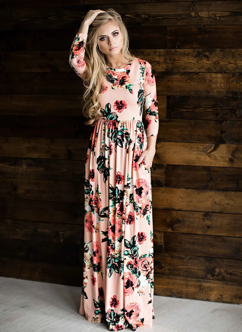 Floral Printed Three Quarter Sleeve Loose Maxi Boho Beach Dress