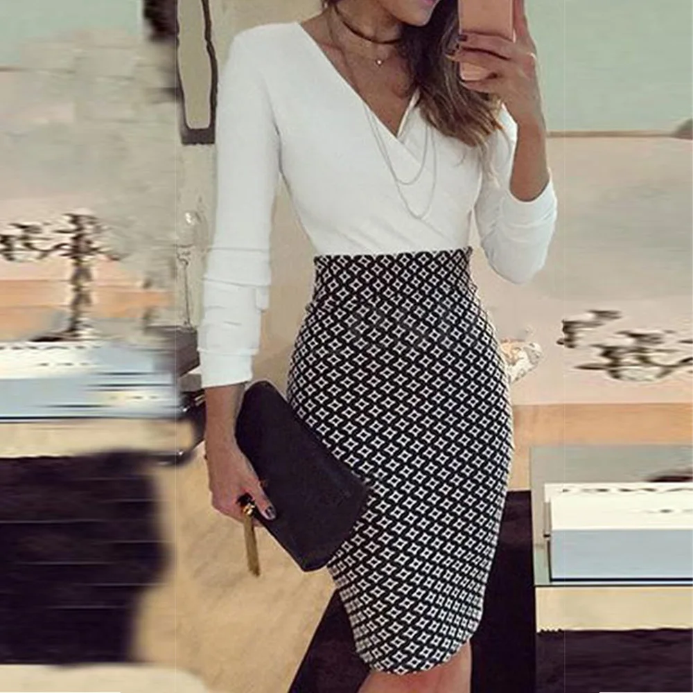

office lady elegant dress Women Formal Business Stretch Evening Slim Pencil Dress fashion plaid patchwork party dresses vestido