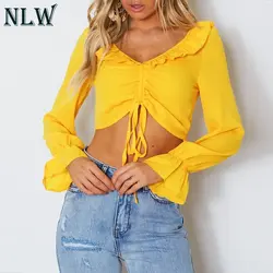 NLW рюшами пикантные однотонные V Neck Crop Top Для женщин Блузка Желтый шифон шнурок блузка рубашка женская осень мода Blusa