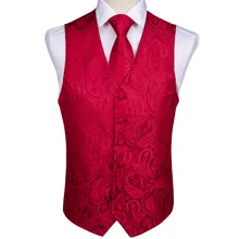 DiBanGu Для мужчин Классические Вечерние свадебные красные Пейсли ЖАККАРДОВЫЕ жилет платок костюм с галстуком Комплект Pocket Square Set MJ-102