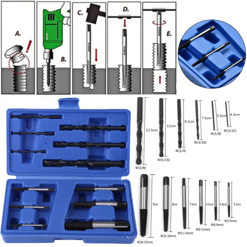 

6PCS Damaged Broken Screw Extractor Remover Bolt Stud Easy Remove Out Drill Removal Tools 6PCS Twist Drill Spiral Drill Bits Set