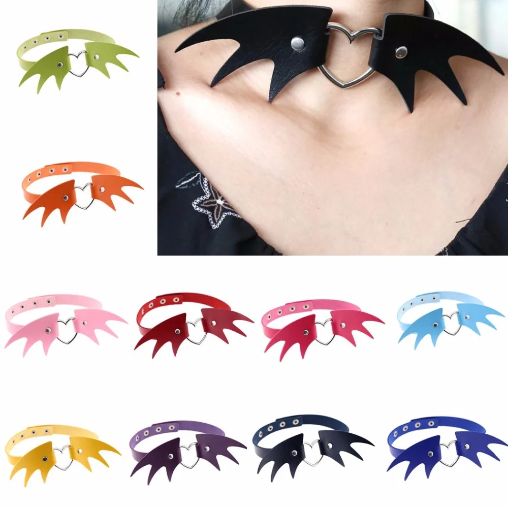 QIAMNI Харадзюку панк Готика Сексуальная PU кожа летучая мышь ангел крыло любовь заклепки Воротник Колье Ожерелье вечерние подарок ювелирные изделия для тела для женщин настроить