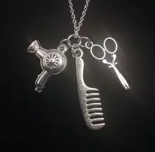 Blow Dryer Comb&Scissors Necklace Pendant Charms Vintage Silver Collar Statement Choker Necklace For Women Hot Sale Jewelry Z497