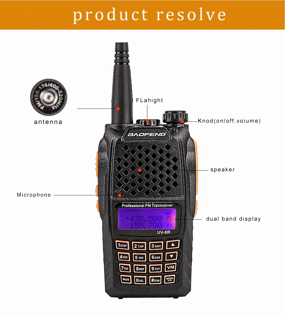 BAOFENG UV-6R VHF UHF Handheld Interphone with LCD Receiver 128 Chs 1750Hz Call Tone CB Radio DTMF Encode Emergency Alarm VOX (11)