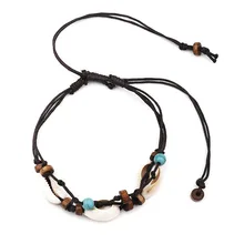 Boho Natural Sea Shell Stone Anklets For Women Wood Bead Seashell Ankle Bracelet On Leg Foot Chain Wax Rope Anklet Beach Jewel