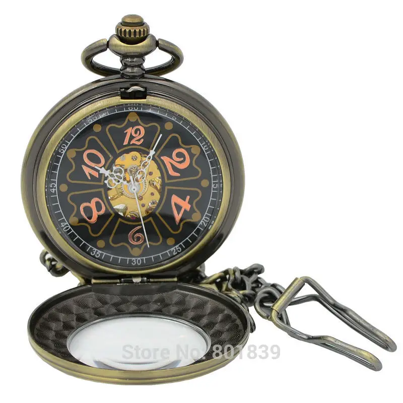 Vintage Magnifier Case Arabic Black Dial Number Hand Wind Mechanical Men Pocket Watch 17 Jewels w/Chain Reloj De Bolsillo | Наручные часы