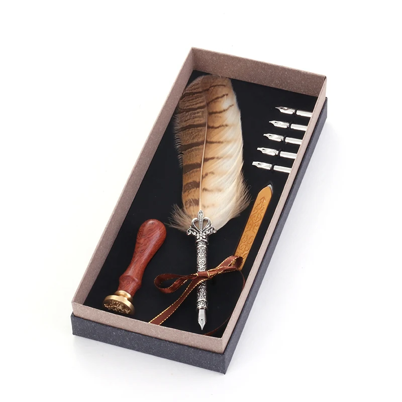 

Creative Personality Natural Feather Pen Vintage Dip Water Metals Fountain Pen Gift Box Set Creative Birthday Gift 5 Nib
