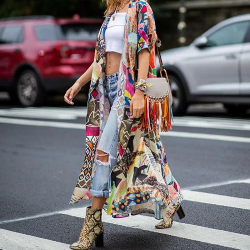 

Paris Girl Bohemian Printed Half Sleeve Summer Beach Wear Long Kimono Cardigan Cotton Tunic Women Tops Blouse Shirt Sarong Plage