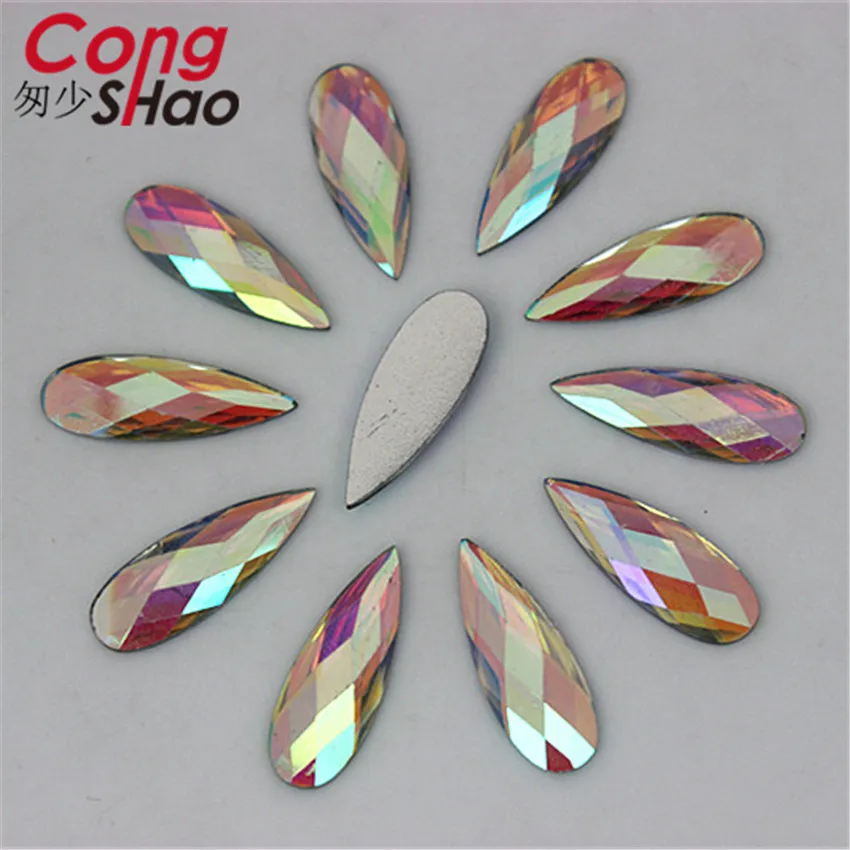 

Cong Shao 100Pcs 8*22mm AB Clear Drop Resin Rhinestone stones and Crystals Flatback for Wedding Dress Crafts Decorations WC66