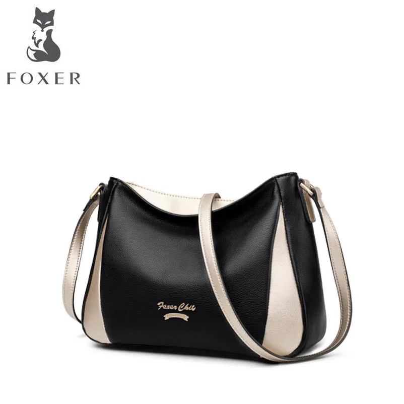 

FOXER luxury fashion leather handbag 2018 new top layer leather contrast color shoulder bag simple wild summer Messenger bag