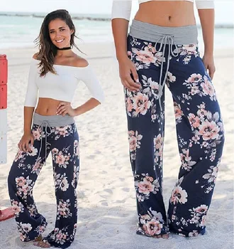 

Women Pants Female Summer Long Pants America Floral Printed Loose Pants Length Mid Waist Casual wide leg Black blue Pants