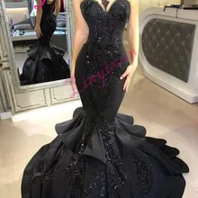 Потрясающие черные длинные платья русалки для выпускного вечера сексуальное вышитое бисером Каскадное гофрированное платье со шлейфом и открытой спиной Формальное вечернее платье
