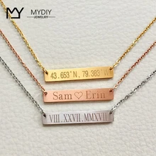 Розовое золотого цвета персонализированные бар ожерелья для женщин выгравированное имя Дата Uniqet коробка пакет Высокое качество для подарка на день рождения