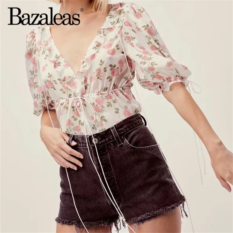 

Bazaleas France Chiffon Floral Print women blouse Vintage Waist Tie blusa feminina Holiday blusas Tops drop shipping