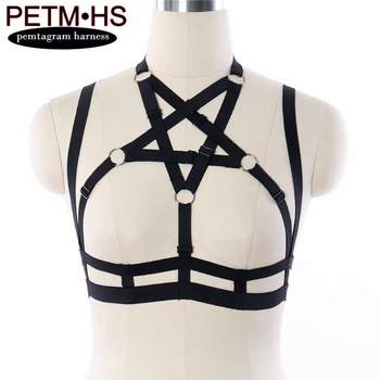 

Women Sexy Pentagram Harness bra adjustable Elastic black Strappy Hollow Tops Bustier Bondage Goth punk Fetish Exotic dance wear