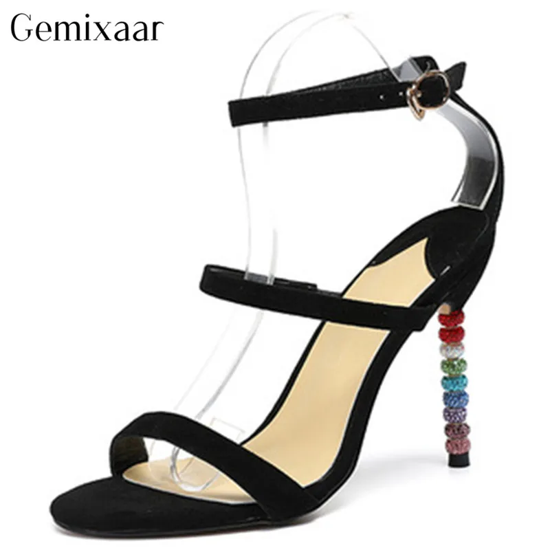 

2019 Summer Narrow Band Crystal Heel Woman Shoes Open Toe Ankle Buckle Sandalia Sexy Black Multicolor Diamond Thin Heels Sandals