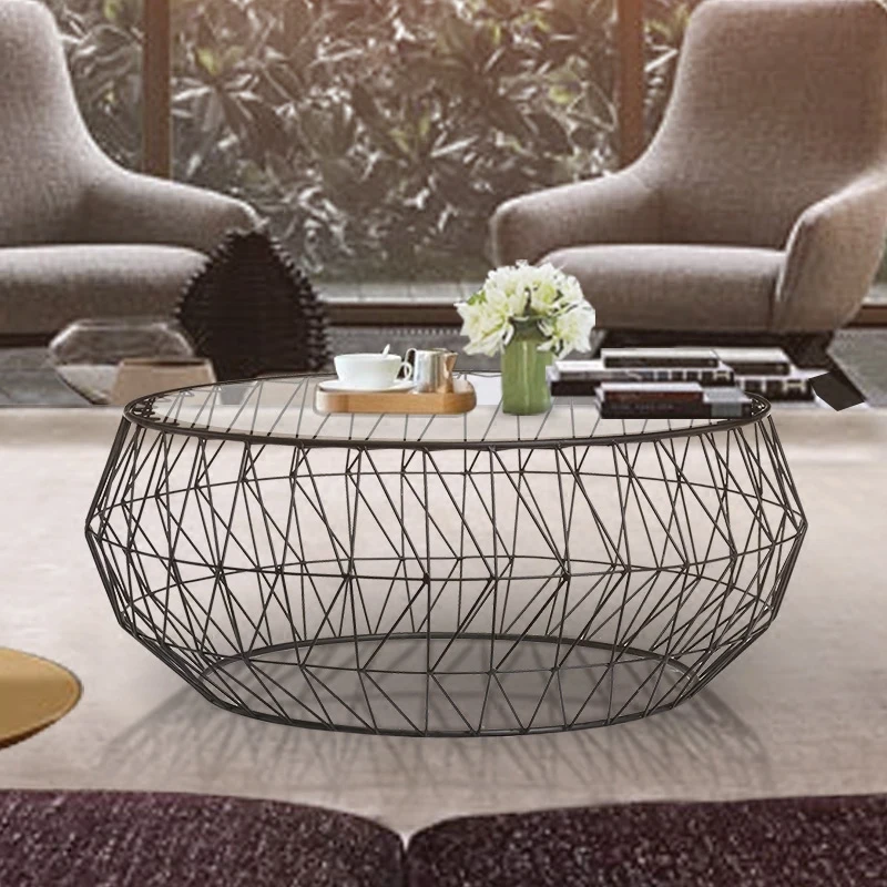 North European Living Room Creative Tea Table Modern Simple Tempered Glass Tea Table Round Metal Black Furnishing Decoration