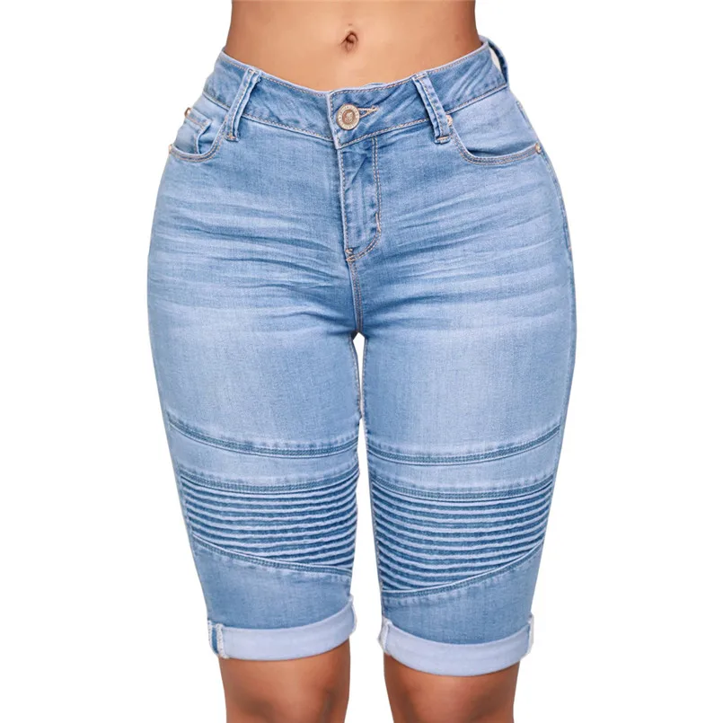 New Women Summer Mid Rise Elastic Zip Skinny Denim Knee Length Curvy Stretch Solid Jeans Fashion Vintage Shorts Jeans #4R09 (1)