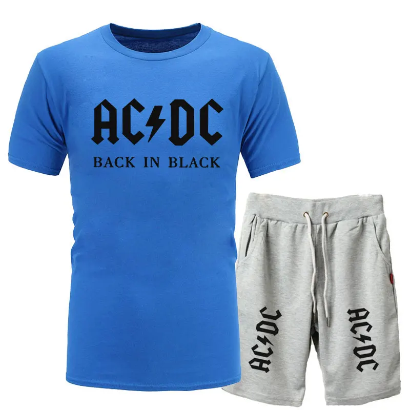 Новая брендовая одежда, AC/DC, Мужская футболка, Swag, футболка, хлопок, Мужская футболка и шорты, Homme, для фитнеса, Camisetas, хип-хоп, футболка, 2 предмета - Цвет: blue light gray