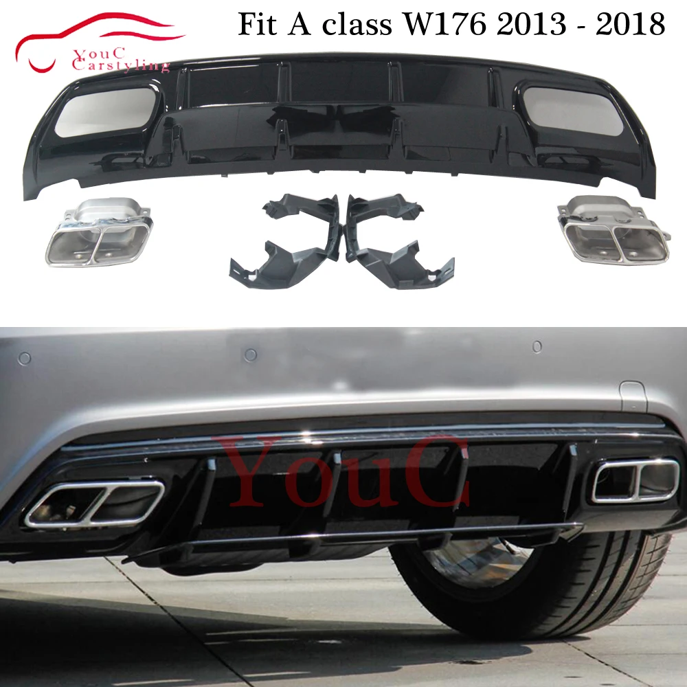 W176 Rear Bumper Black Diffuser with 4-outlet Exhaust Tips for Mercedes A class W176 2013 - 2018 A180 A200 A45 AMG Package W176 Rear Bumper Black Diffuser with 4-outlet Exhaust Tips for Mercedes A class W176 2013 - 2018 A180 A200 A45 AMG Package
