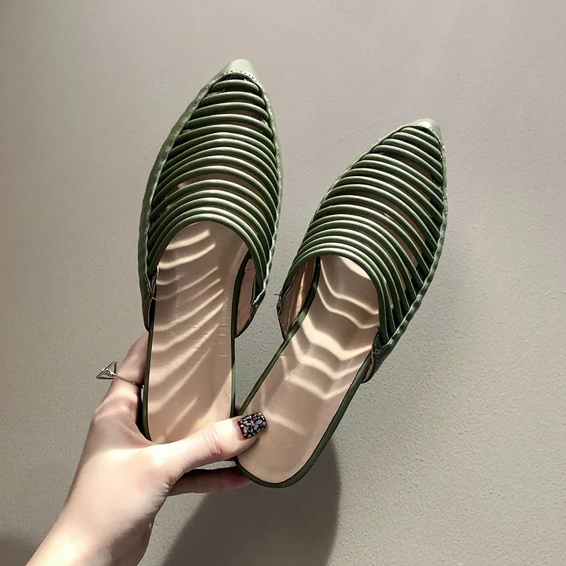 

EOEODOIT Hollow Out Summer Slippers Pointy Toe Slip On Breathable Leather Sandals Women Low Square Heel Slides Drags Shoes