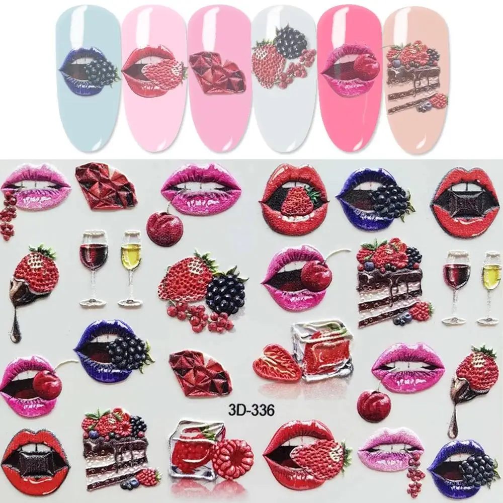 

3D Acrylic Engraved Flower Nail Sticker Embossed Sexy Lips Dessert Water Decals Empaistic Nail Water Slide Decals Manicure Nails