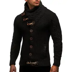 Мужская модная повседневная однотонная Водолазка с длинным рукавом, обычный тонкий свитер на пуговицах