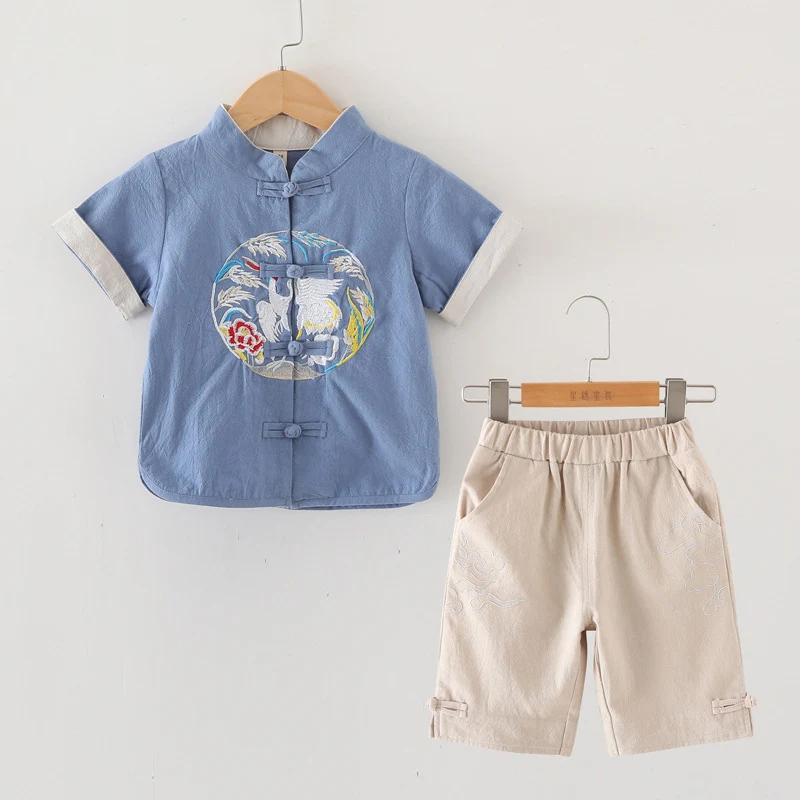 Новая традиционная китайская одежда для мальчиков летний костюм в стиле ретро Тан футболка для мальчиков+ шорты китайские танцевальные костюмы Hanfu дети SL1035 - Цвет: As picture