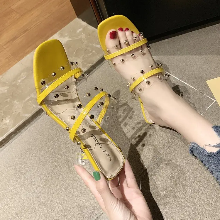 

New Summer Pearls Open Toe Women Slippers Fashion Chunky Heels Comfortable Shallow Slip High Heel Lady Shoes 7cm Heel Height