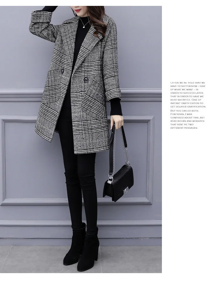 2019 Весна и Осень Зима Новая Корейская версия свободного тонкого клетчатого шерстяного пальто длинное шерстяное пальто женское
