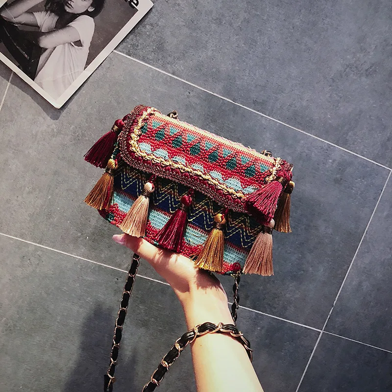 

2019 Women National Crossbody Personality Chinese style Handbag Bohemian Shoulder Messenger Bag Sweet Lady Handmade Weaving Tote