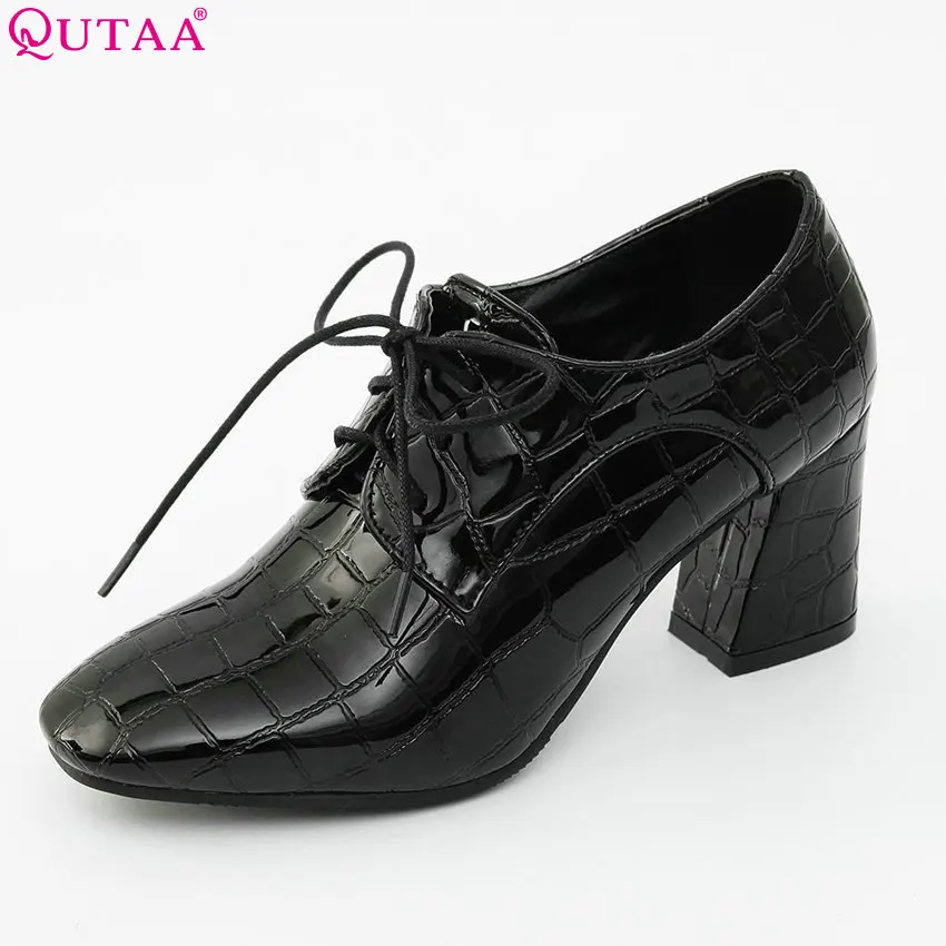 

QUTAA 2020 Women Pumps Patent Leather Fashion Women Shoes Spring/autumn Square High Heel All Match Women Shoes Size 34-43
