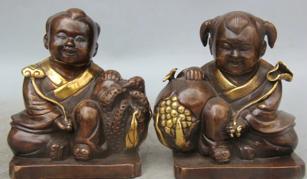 

JP S0524 6" Chinese Bronze Gild Ru Yi Tong Zi Boy girl Pomegranate lotus leaf Statue Pair B0403