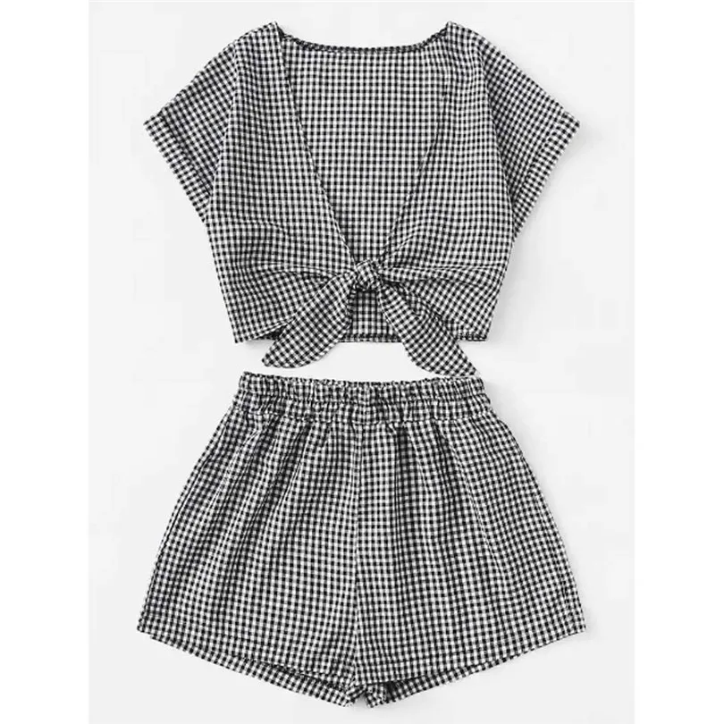 V Neck Bandage Crop Top Mid Waist Summer Shorts Women Set Plaid Sexy 2 Piece Set Women Short Sleeve Chandal Mujer 40AP2911