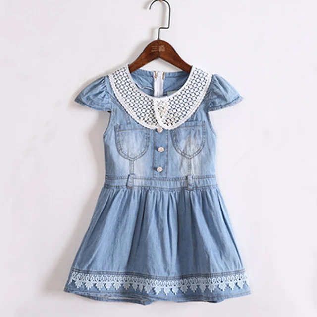 kids clothes girls denim dresses with lace baby to big girl dress