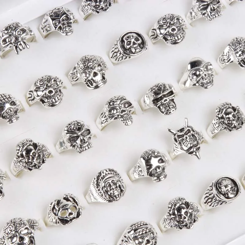 wholesale mixed lot Silver color 25pcs/pack punk skull metal alloy skeleton jewelry rings