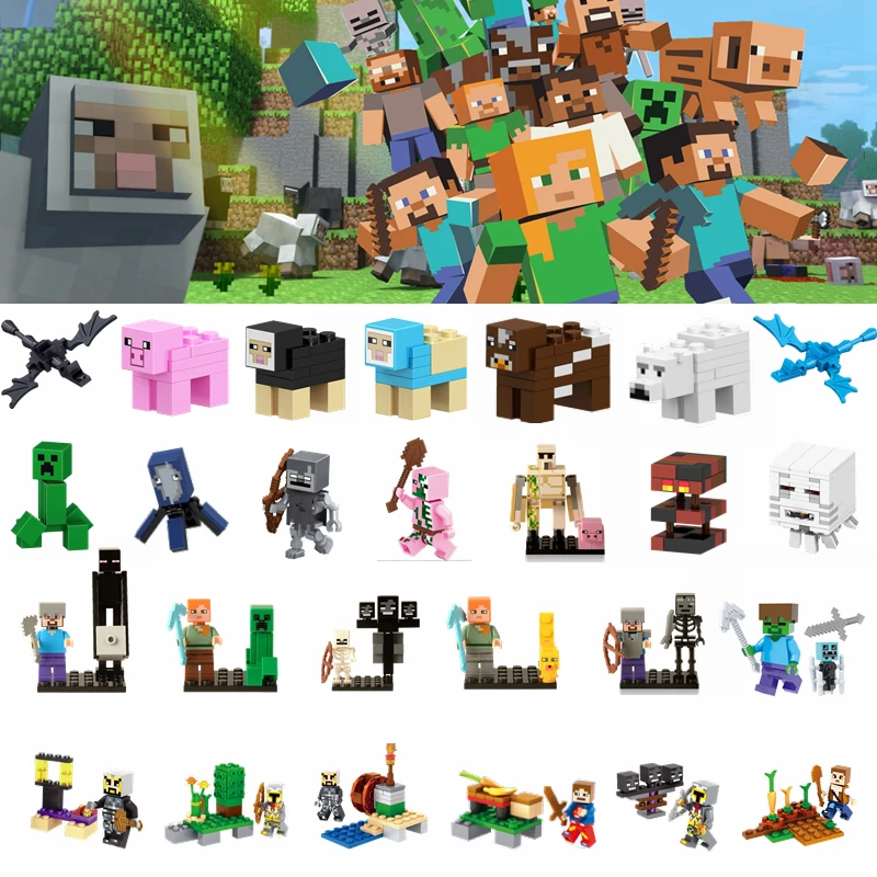 

Minecraft LEGOing Figures Set Steve Alex Zombie Pig Cow Squid Ghast Animals LEGOings Minecrafted Blocks Toys For Children Gifts