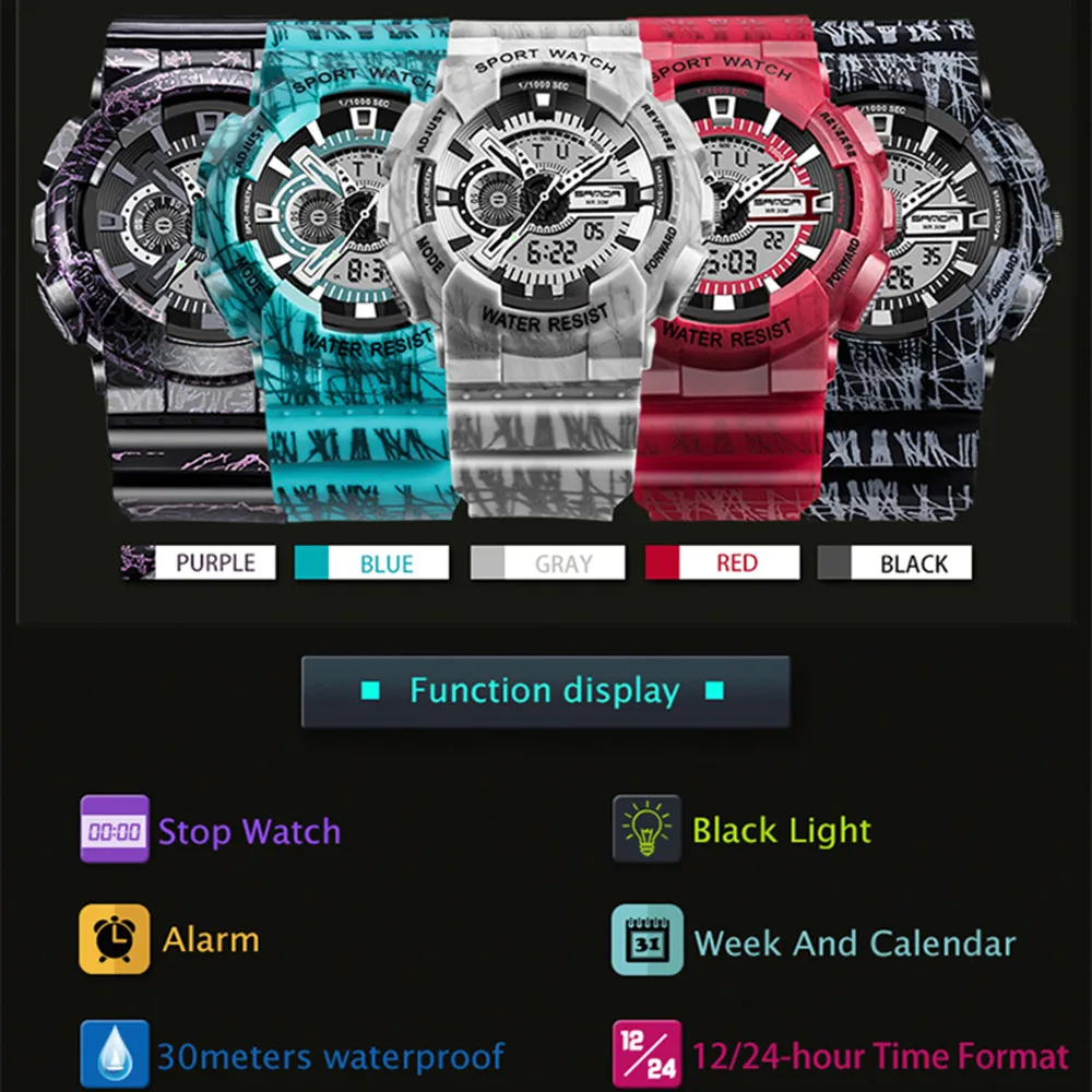 Мужские часы спортивные камуфляжные двойной дисплей холодный светильник электронные водонепроницаемые спортивные часы цифровые часы Relogio цифровые